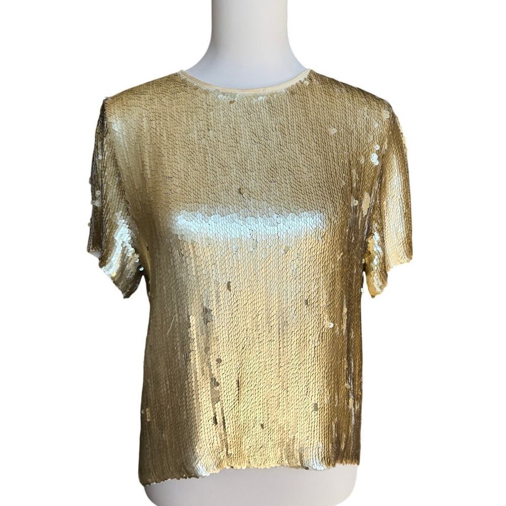 Chan Luu Anthropologie Gold Sequin Short Cap Sleeve Top Size Small Relaxed Fit